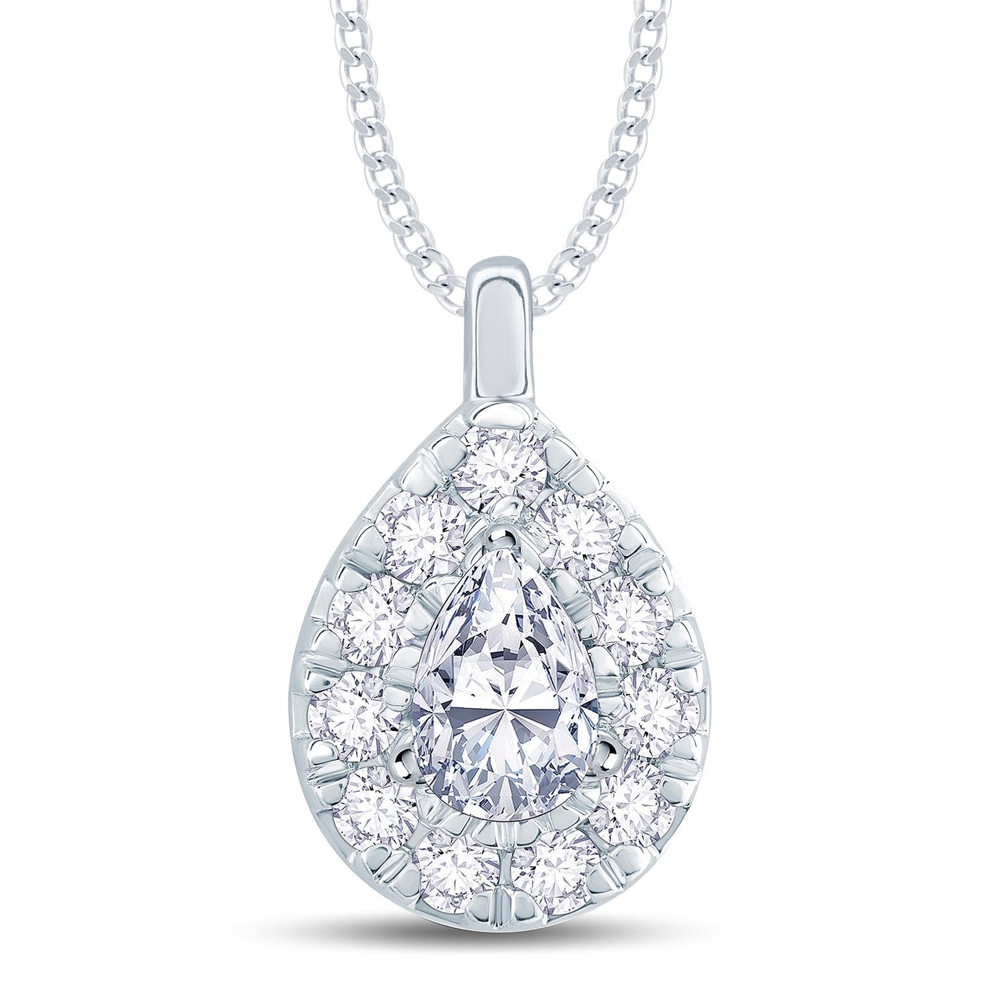 18ct White Gold Pear Halo Diamond Necklace, 0.50ct