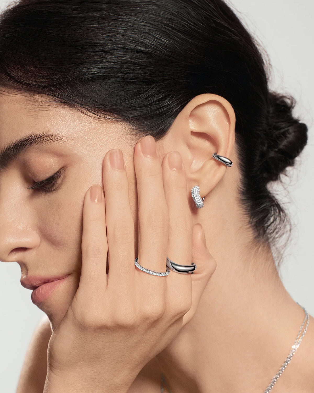 Ania Haie Rhodium Plated Silver CZ Chunky Pavé Wave Huggie Hoop Earrings