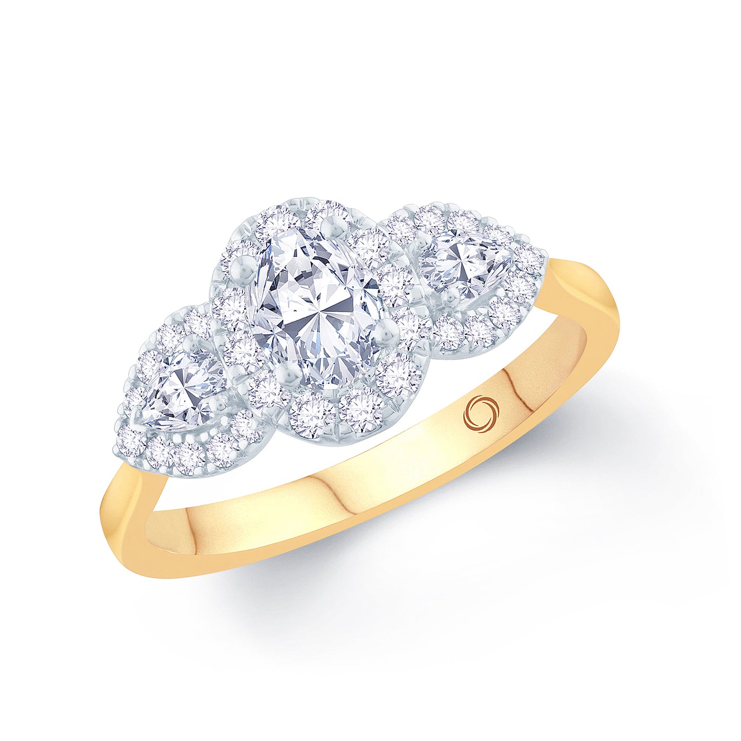 18ct Yellow Gold Oval & Pear Three Stone & Halo Diamond Ring, 0.77ct