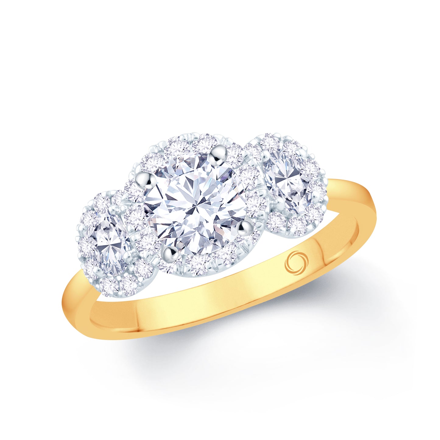 18ct Yellow Gold Round & Oval Three Stone Halo Diamond Ring 0.96ct