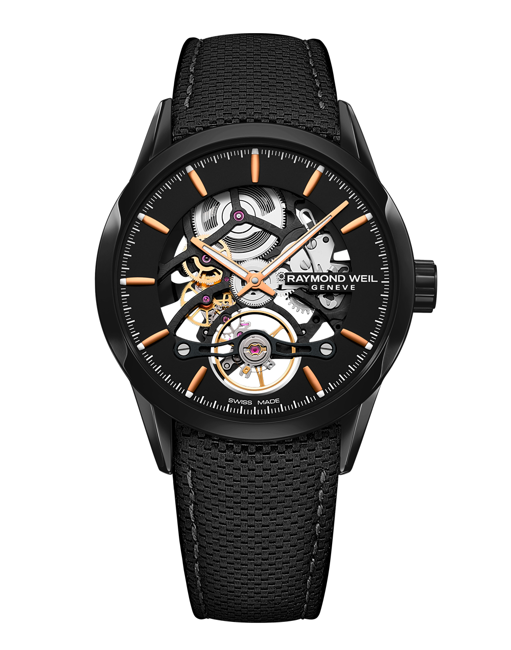 A Picture of Raymond Weil 42mm Freelancer Automatic Skeleton Black Leather Men's Watch