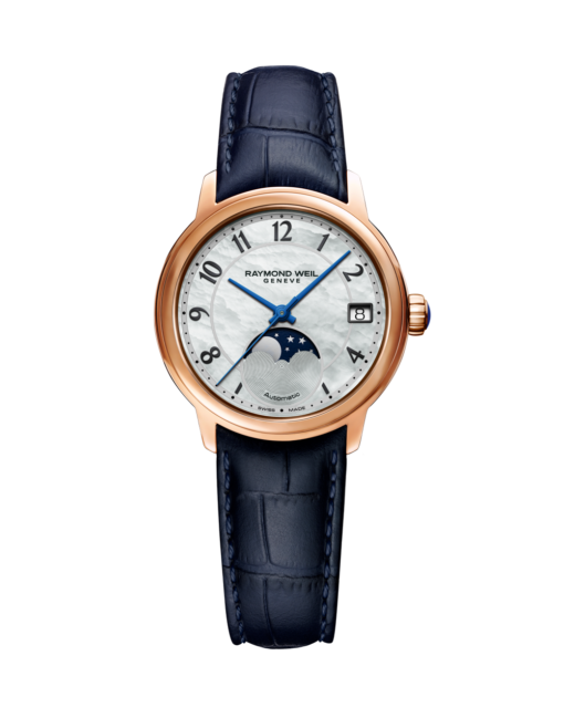 Raymond Weil 34mm Maestro Moon phase Mother of Pearl Leather Watch Official Stockists Jack Murphy Jewellers