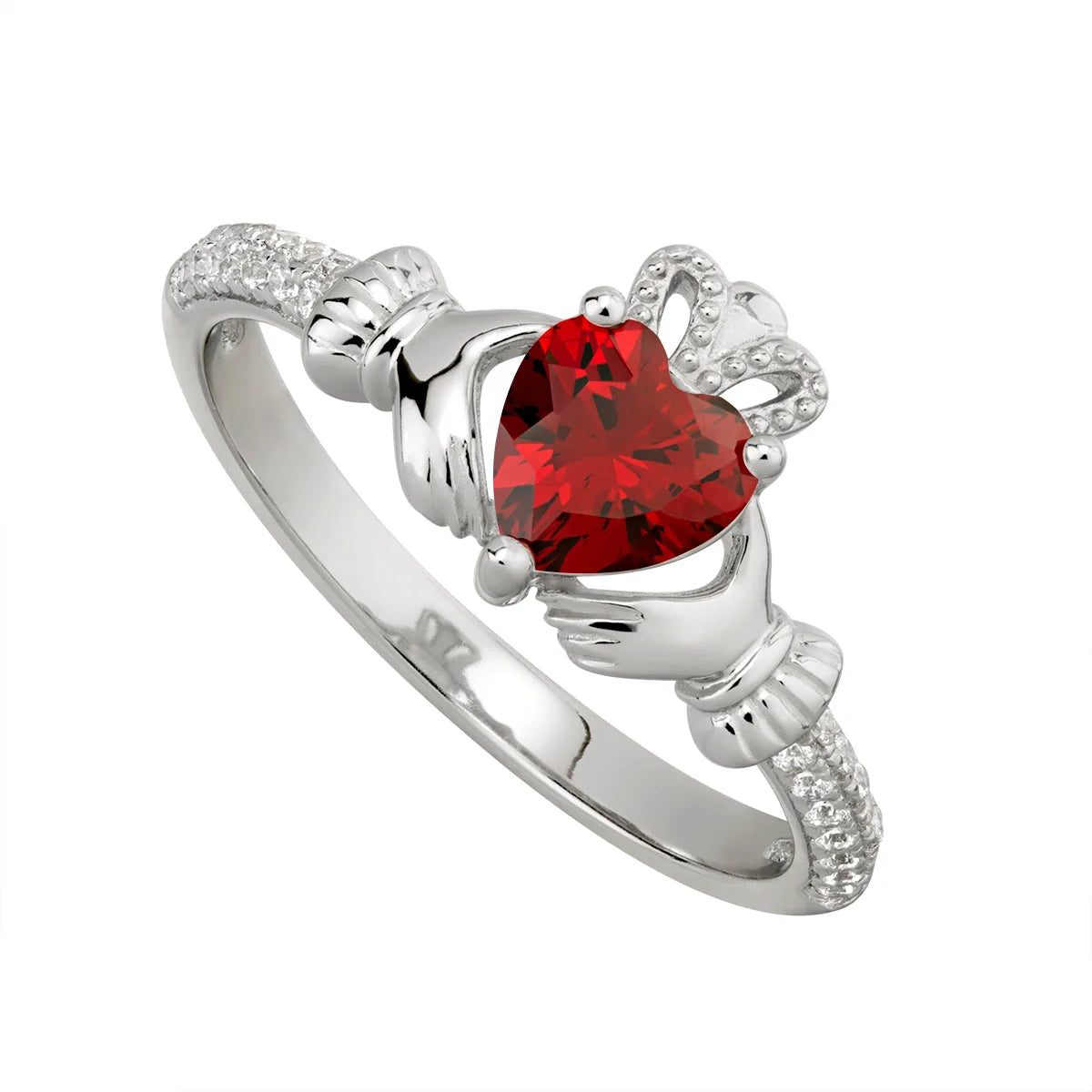Sterling Silver Claddagh & Garnet Heart, Shoulder Set January Birthstone CZ Ring