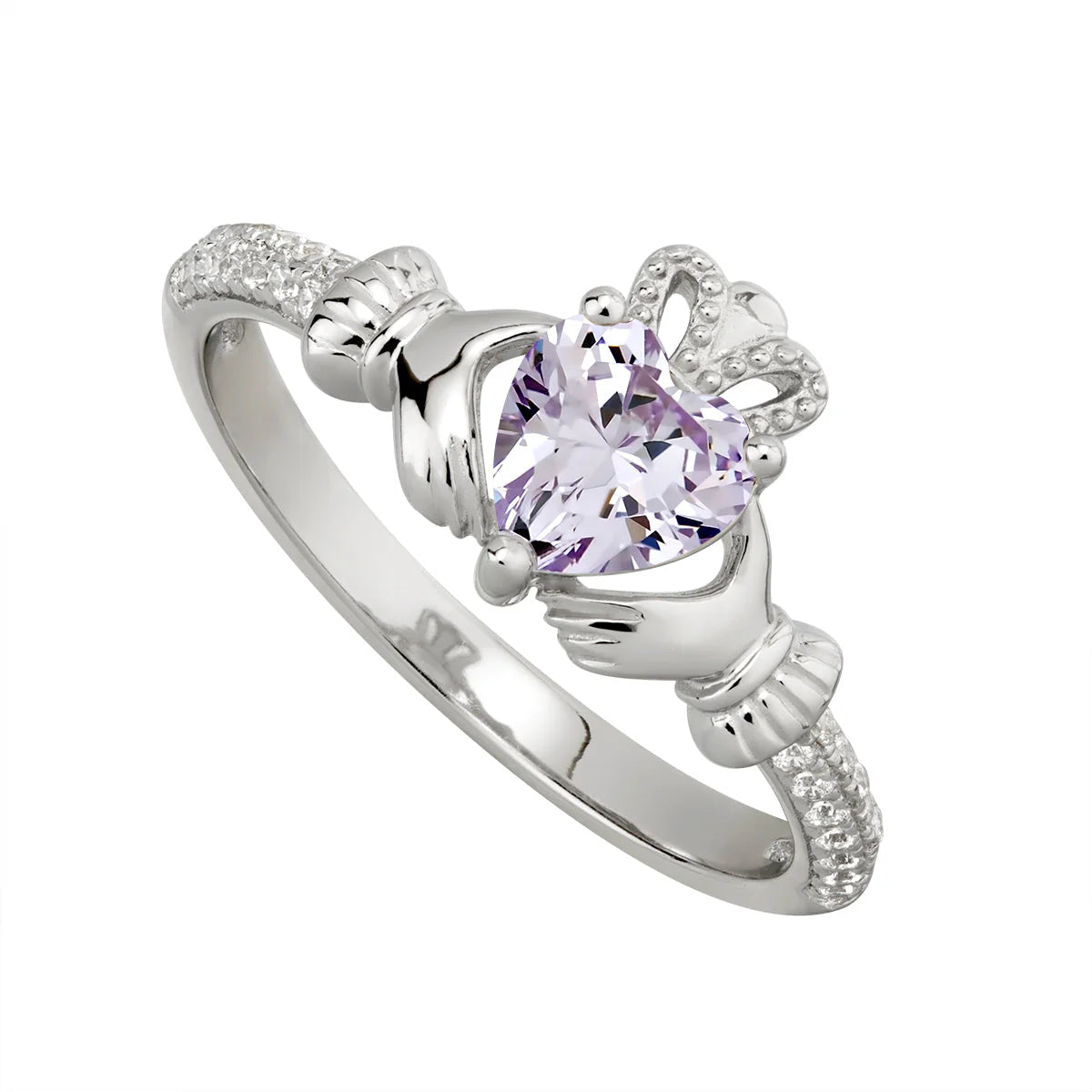 Sterling Silver Claddagh & Amethyst Heart, Shoulder Set CZ Ring