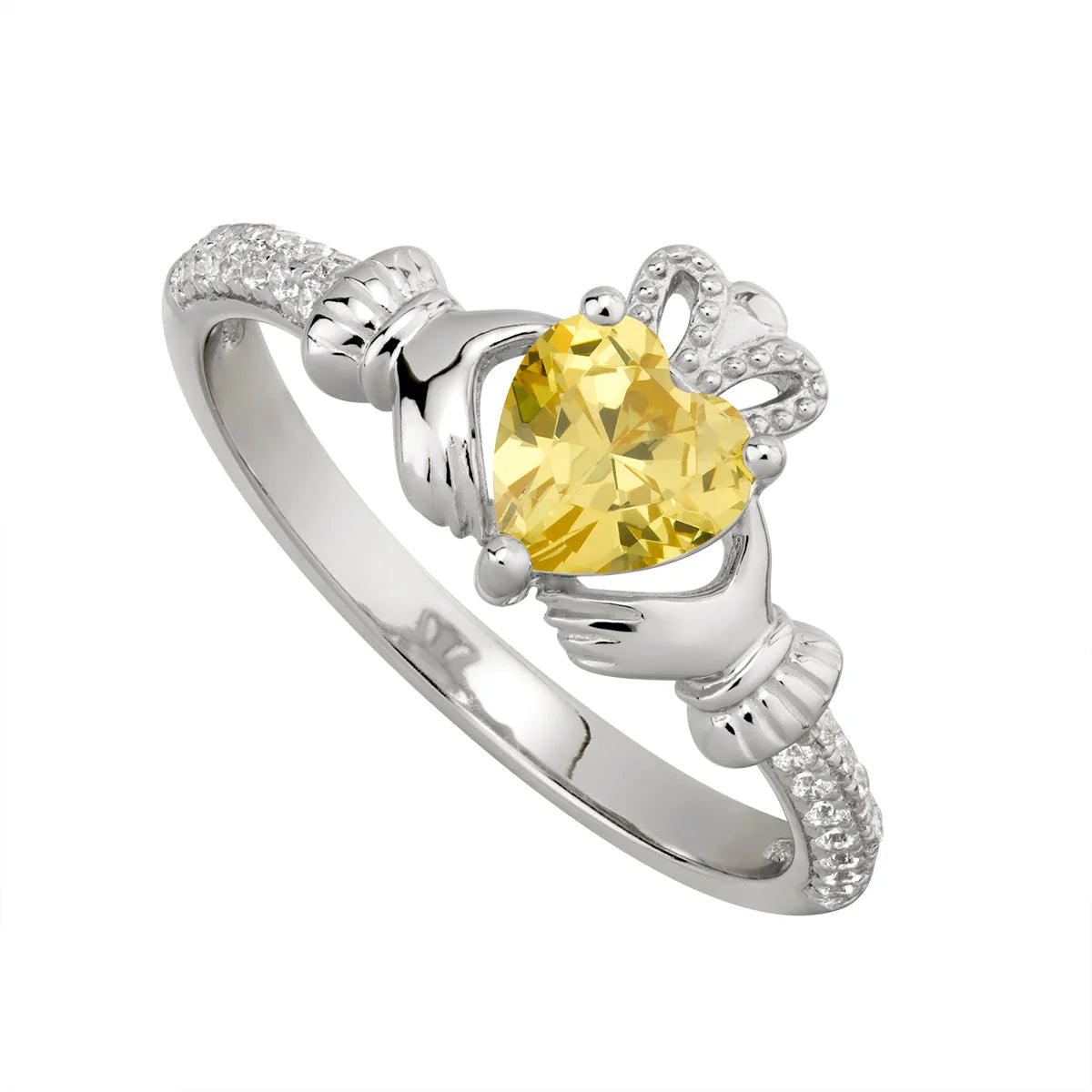 Sterling Silver Claddagh & Topaz Heart, Shoulder Set November Birthstone CZ Ring