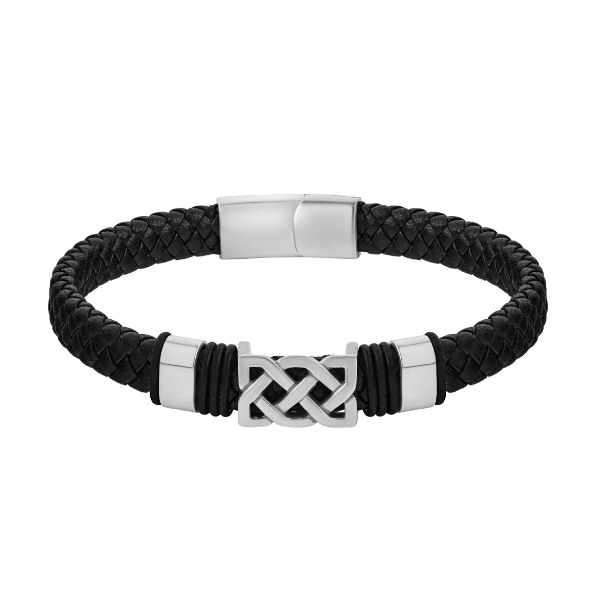 Rhodium Plated Celtic Knot Black Leather Bracelet