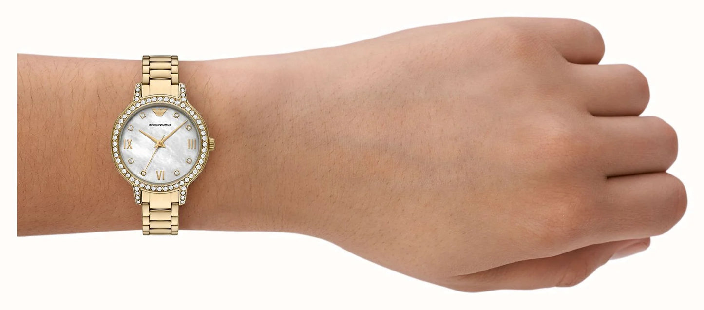 Emporio Armani 32mm Cleo Gold Tone Mother of Pearl Link Watch