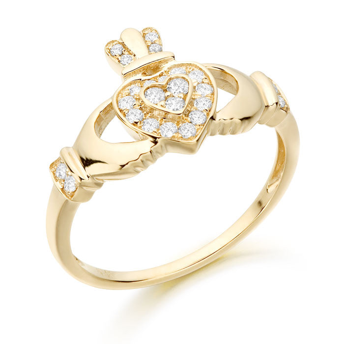 9ct Yellow Gold Pave CZ Claddagh Heart & Cuffs Ring