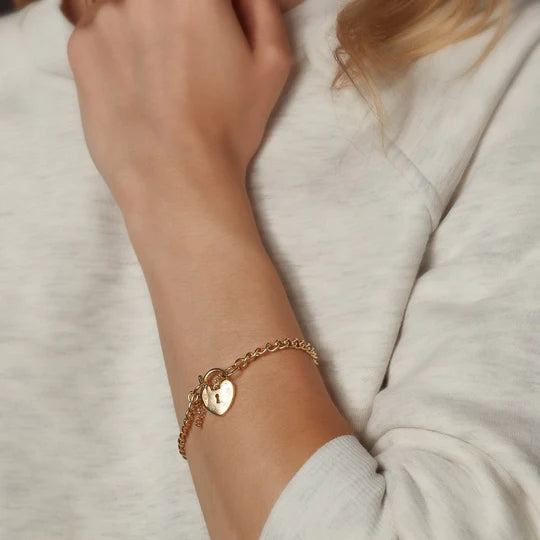 Sterling Silver Yellow Gold Plated Heart Padlock Curb Bracelet