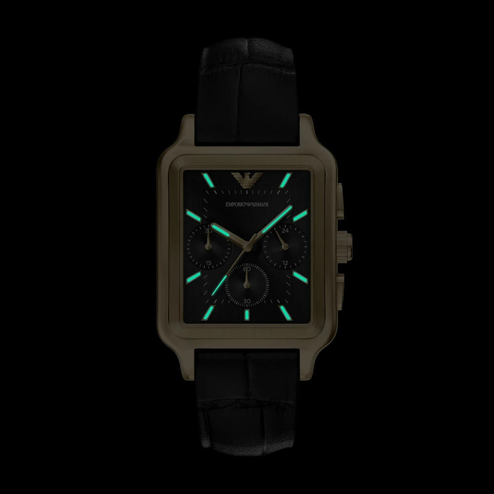 Emporio Armani 38mm Chronograph Diego Yellow Gold Tone Black Dial Date Leather Strap Watch