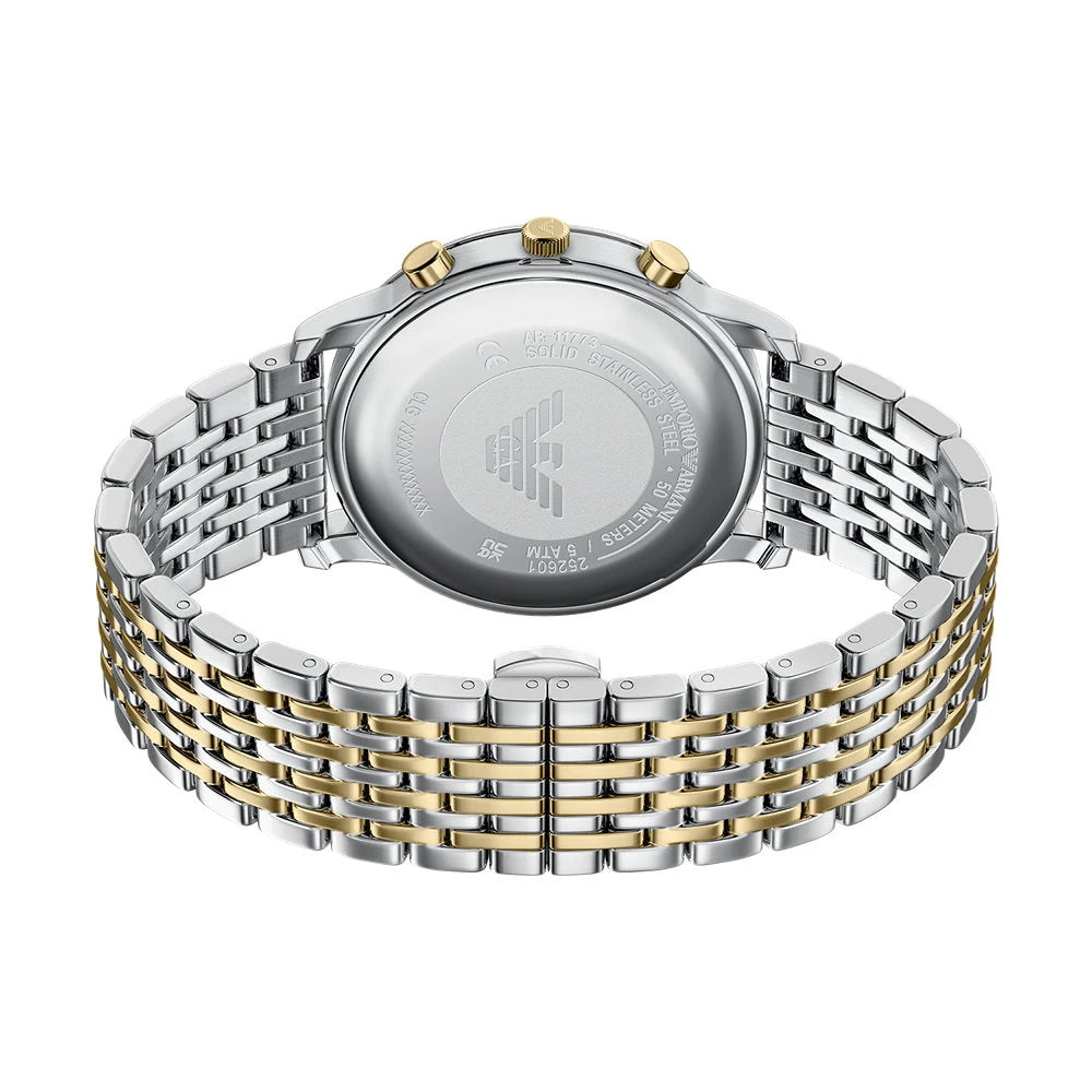 Emporio Armani 42mm Chronograph Minimalist Grey Dial Two Tone Stainless Steel Bracelet Watch