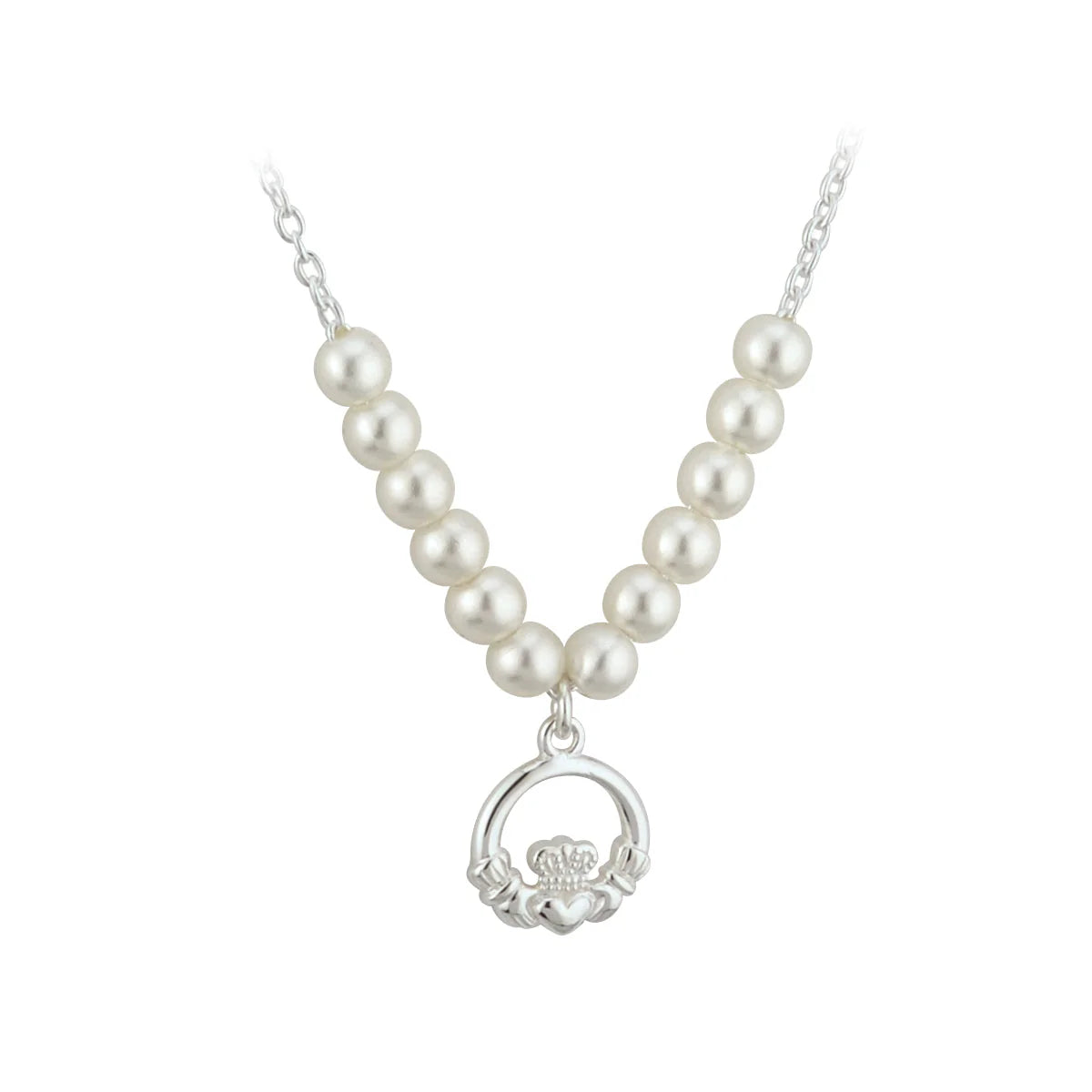 Sterling Silver Children's Rhodium Plated Pearl Claddagh Necklace