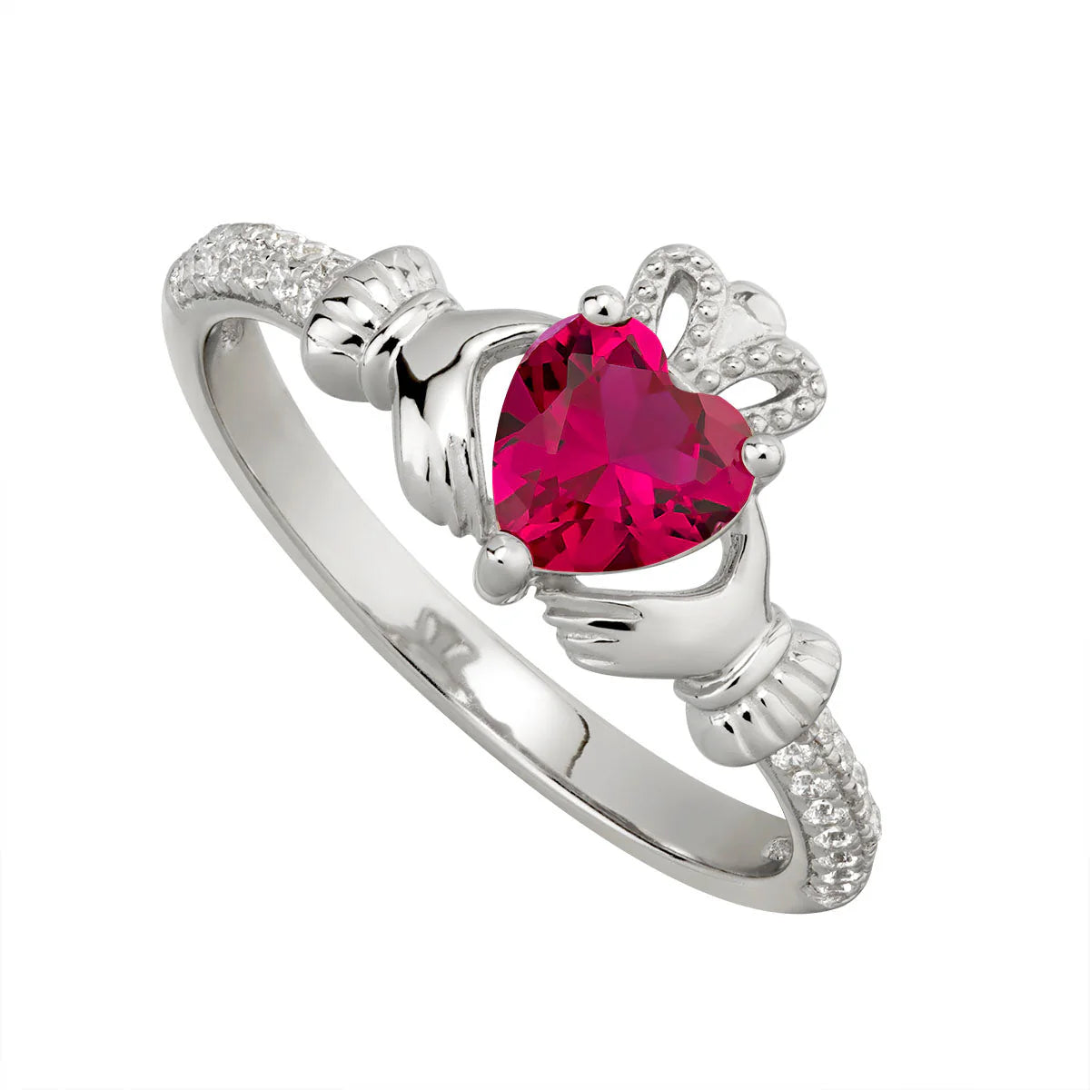 Sterling Silver Claddagh & Ruby Heart, Shoulder Set CZ Ring