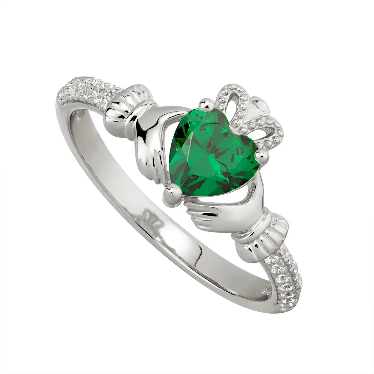 Sterling Silver Claddagh & Emerald Heart, Shoulder Set May Birthstone CZ Ring