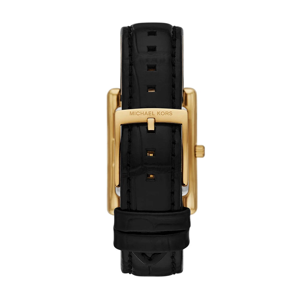 Michael Kors 26mm Ladies Essex Gold-Tone Rectangle Dial Black Leather Strap Watch