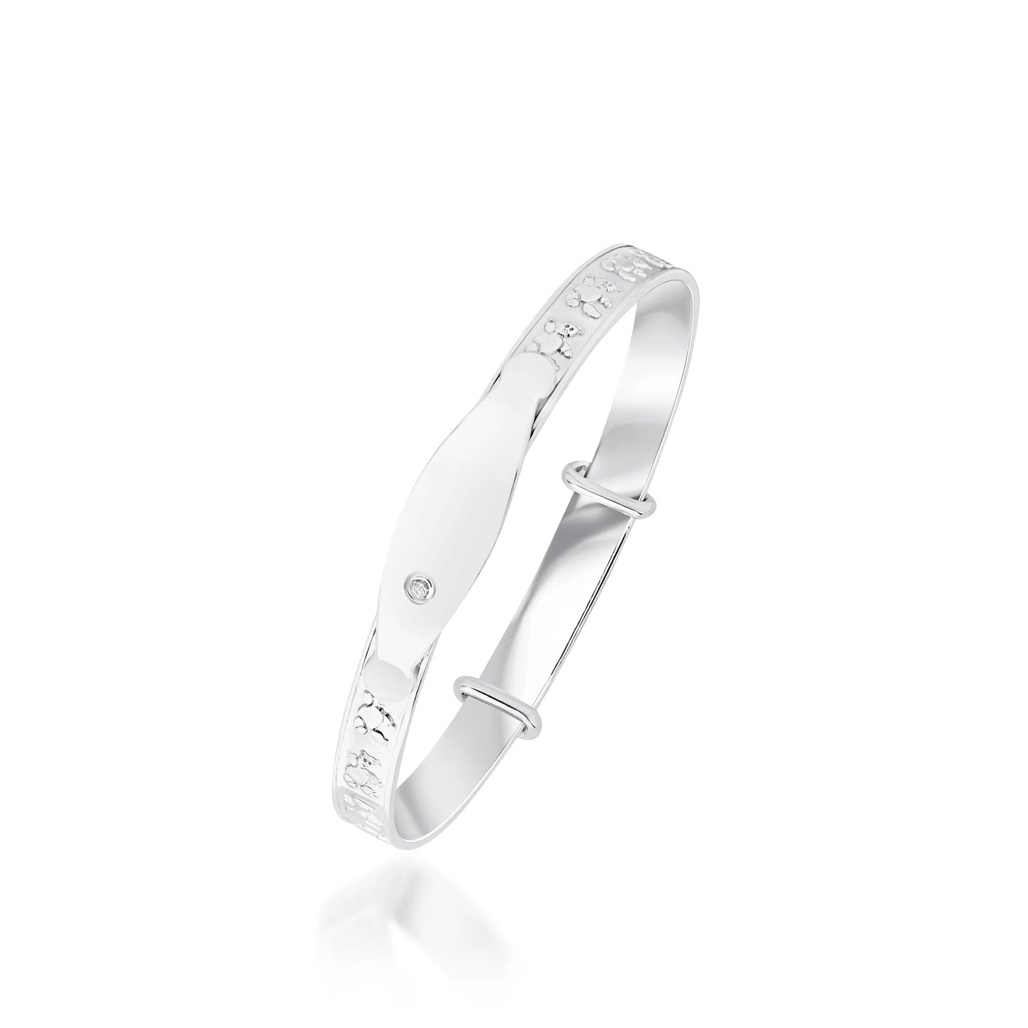 Sterling Silver 5.2mm Teddy Bear Beaded Edge ID Plate & White CZ Baby Bangle