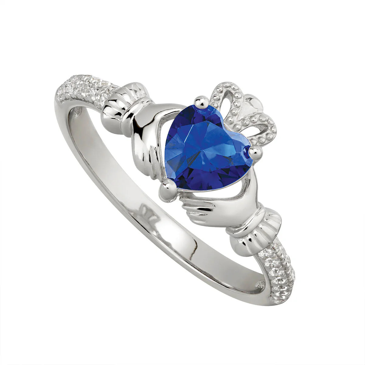 Sterling Silver Claddagh & Sapphire Toned Heart, Shoulder Set CZ Ring