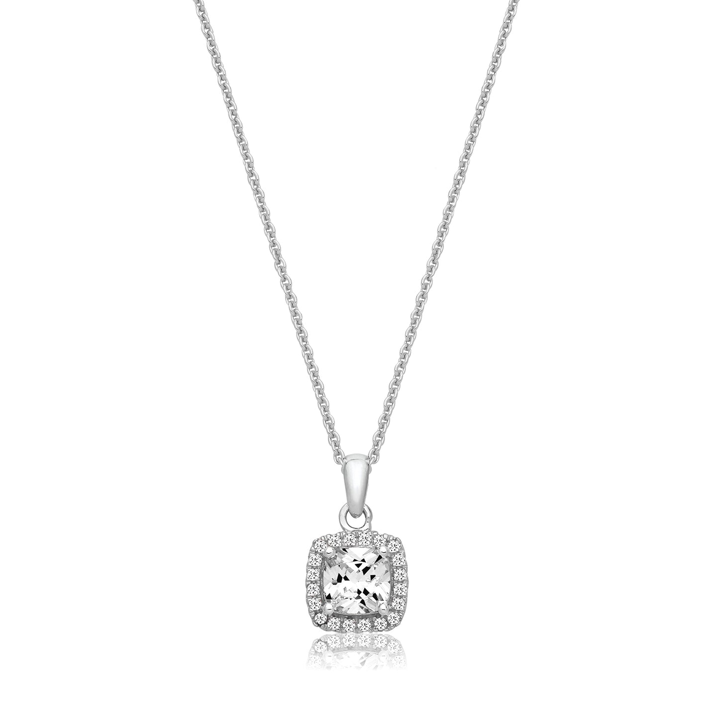 Sterling Silver Cushion Halo CZ Pendant Necklace