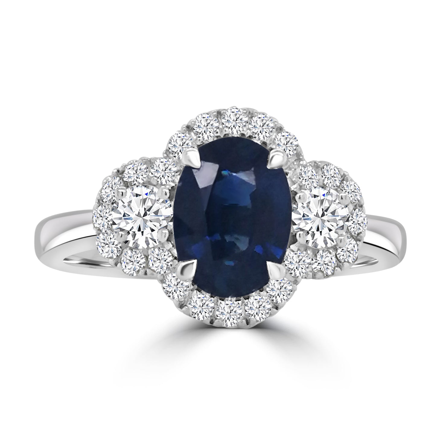 18ct White Gold Oval Sapphire & Diamond Three Stone & Halo Ring
