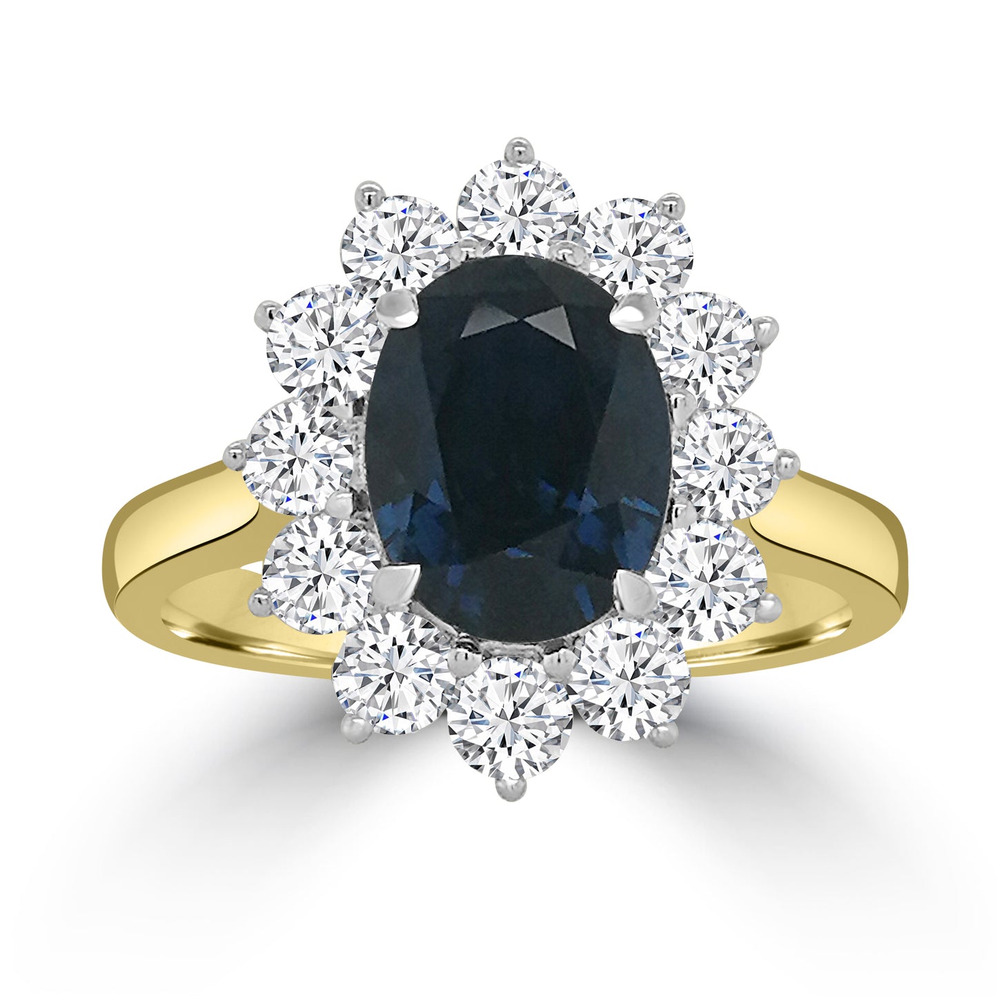 18ct Yellow Gold Oval Sapphire & Diamond Cluster Halo Ring