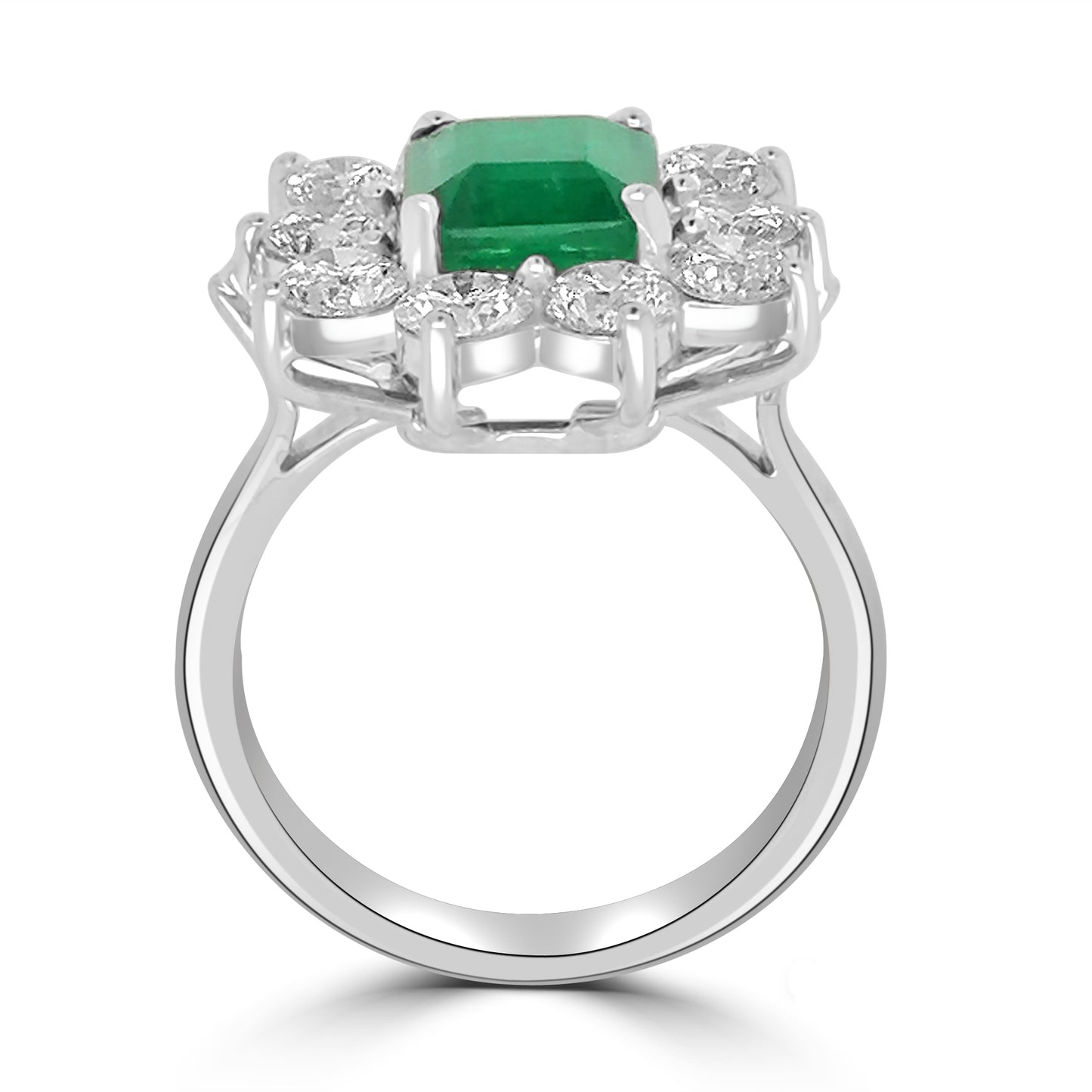18ct White Gold Emerald Cut Emerald & Diamond Cluster Halo Ring