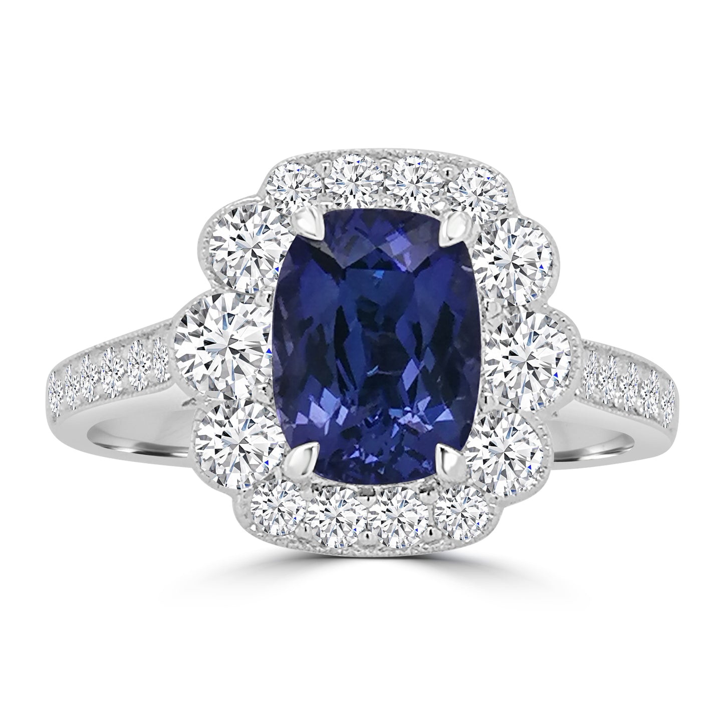 18ct White Gold Radiant Tanzanite & Diamond Halo, Shoulder Set Ring
