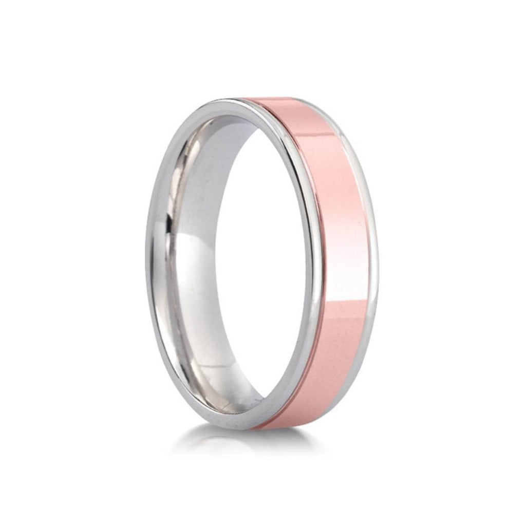 Platinum & Rose Gold Inlaid Groove Flat Court 6mm Wedding Band