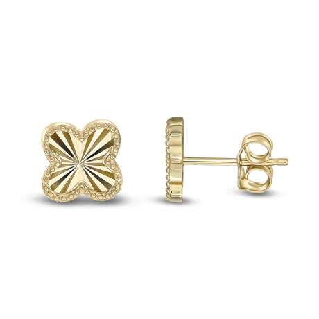 9ct Yellow Gold Diamond Cut Four Clover Beaded Stud Earrings