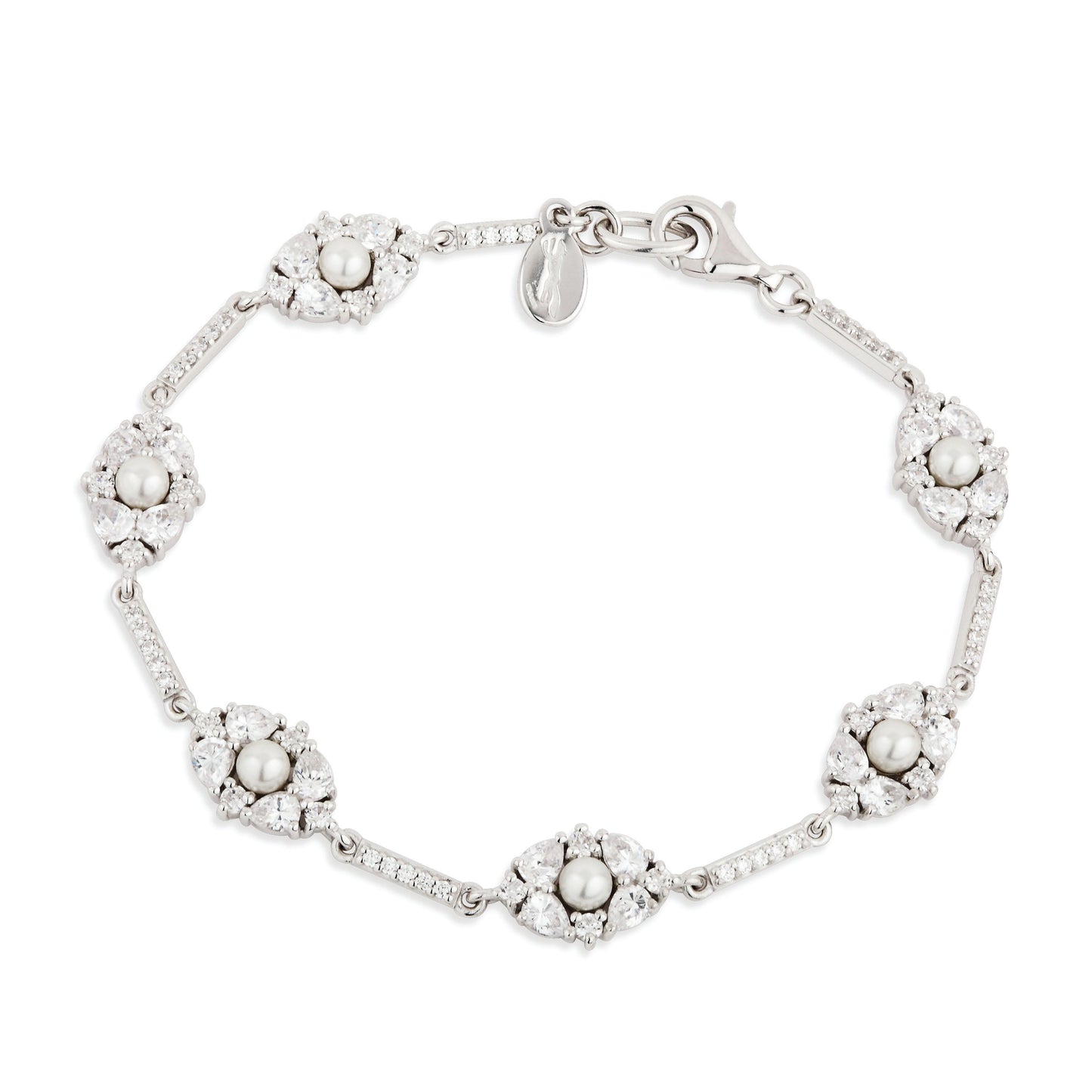 Sterling Silver CZ Clustered Oval & Pearl Bracelet