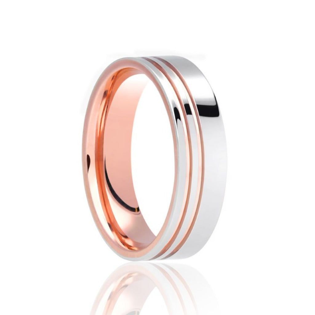 Platinum & 18ct Rose Gold Polished Offset Inlaid Grooves Medium 6mm Wedding Band