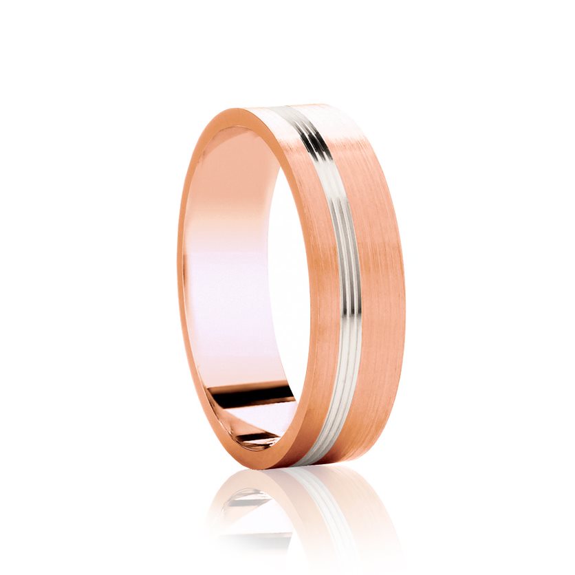 18ct Rose Gold & Platinum Matte & Polished Offset Grooves Medium 6mm Wedding Band