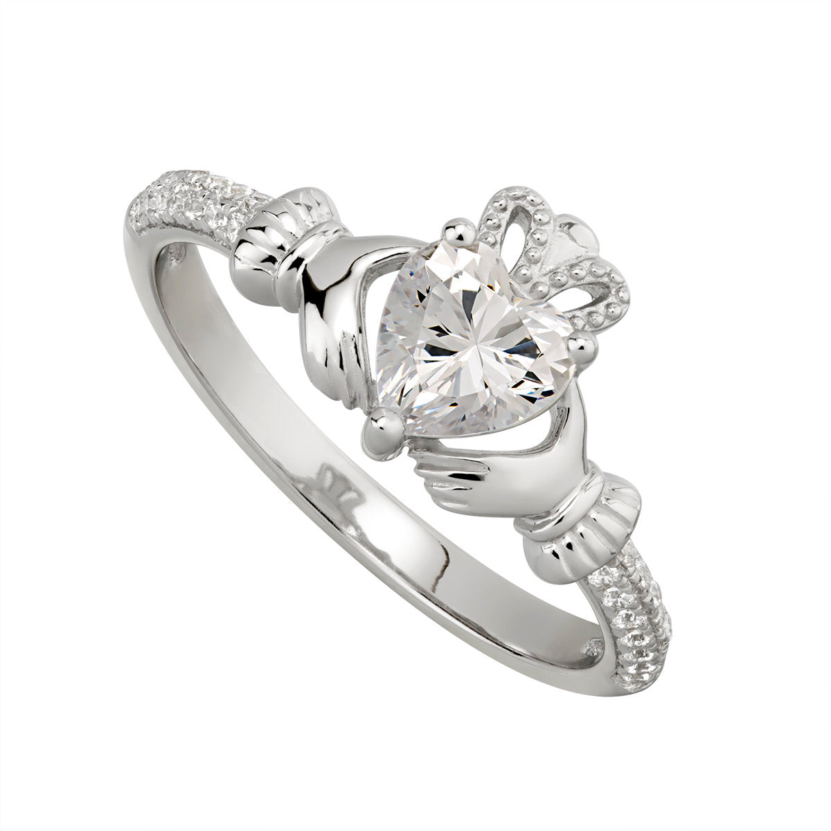 Sterling Silver Claddagh & Heart, Shoulder Set CZ Ring