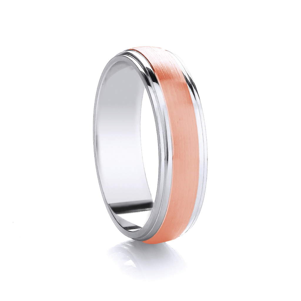 18ct Rose Gold & Platinum Ribbed, Matte & Polished Medium 5mm Wedding Band