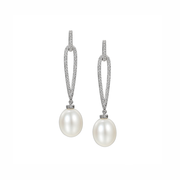 Sterling Silver Pearl & CZ Long Open Stud Drop Earrings