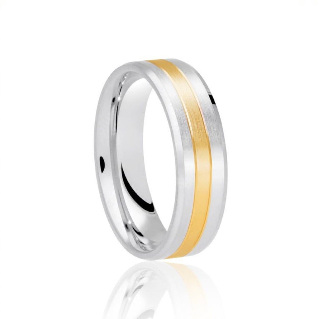 Platinum & 18ct Yellow Gold Inlaid & Bevelled Flat Court 6mm Wedding Band