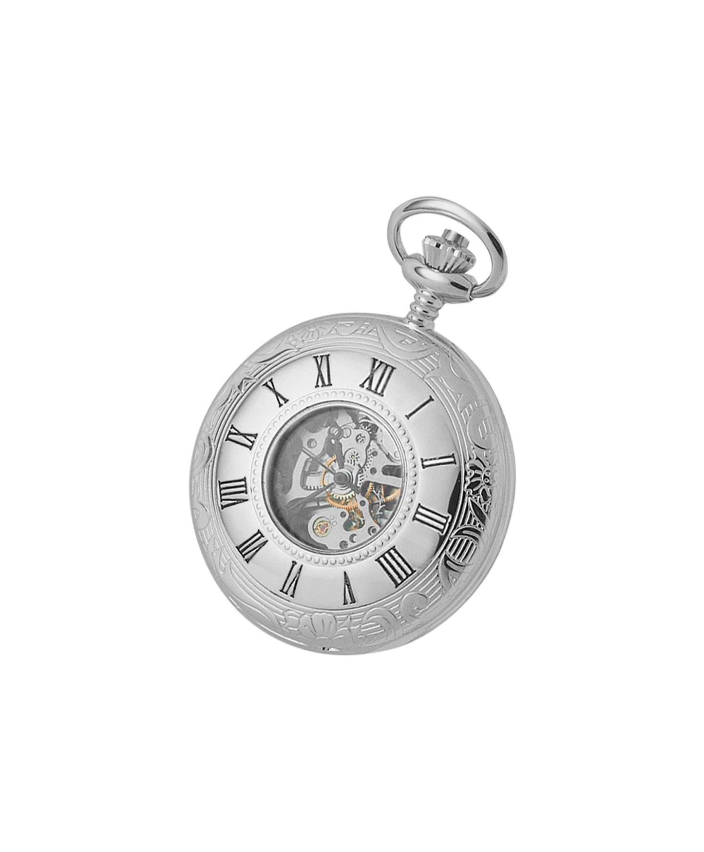 Woodford Chrome Plated Half Hunter Back Pocket Skeleton Pocket Watch