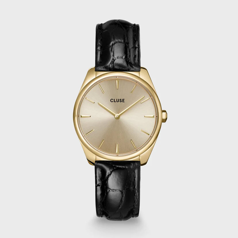 An image of Cluse 31mm Féroce Gold Toned Black Leather Strap Watch From official stockists Jack Murphy Jewellers