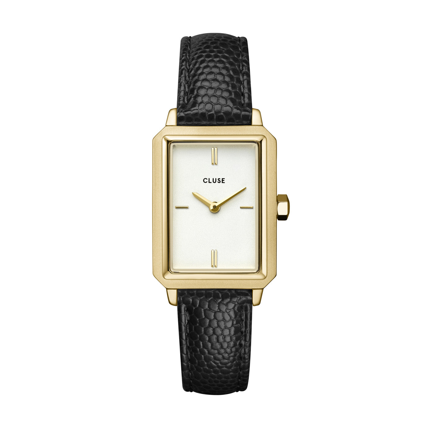 An image of Cluse 30mm Fluette White Dial Yellow Gold Toned Leather Strap Watch From official stockists Jack Murphy Jewellers