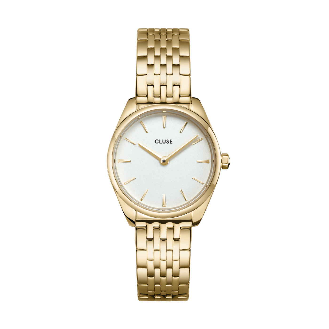 An image of Cluse 25mm Féroce White Dial Gold Toned Link Watch From official stockists Jack Murphy Jewellers