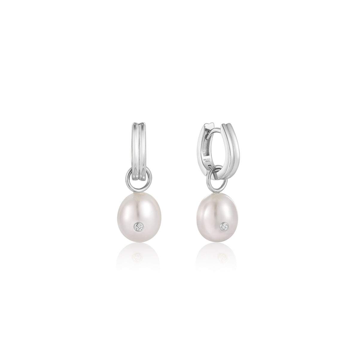 Ania Haie Rhodium Plated Silver Pearl & CZ Huggie Hoop's
