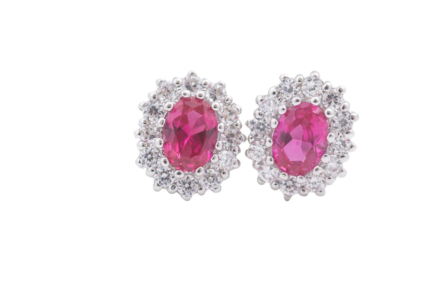Sterling Silver Pink Oval & Halo CZ Earrings