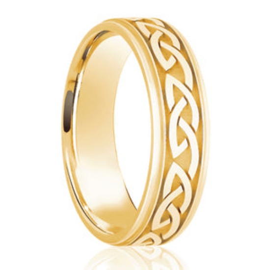9ct Yellow Gold Embossed Celtic Design Medium Flat Court 6mm Wedding Band