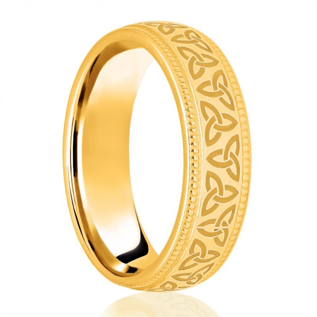 18ct Yellow Gold Celtic Trinity Beaded Edge Classic Medium 6mm Wedding Band