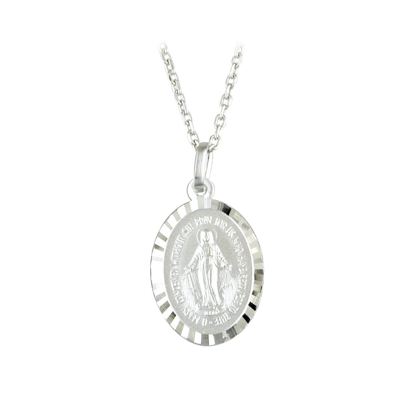 Sterling Silver Miraculous Medal Diamond Cut Pendant Necklace