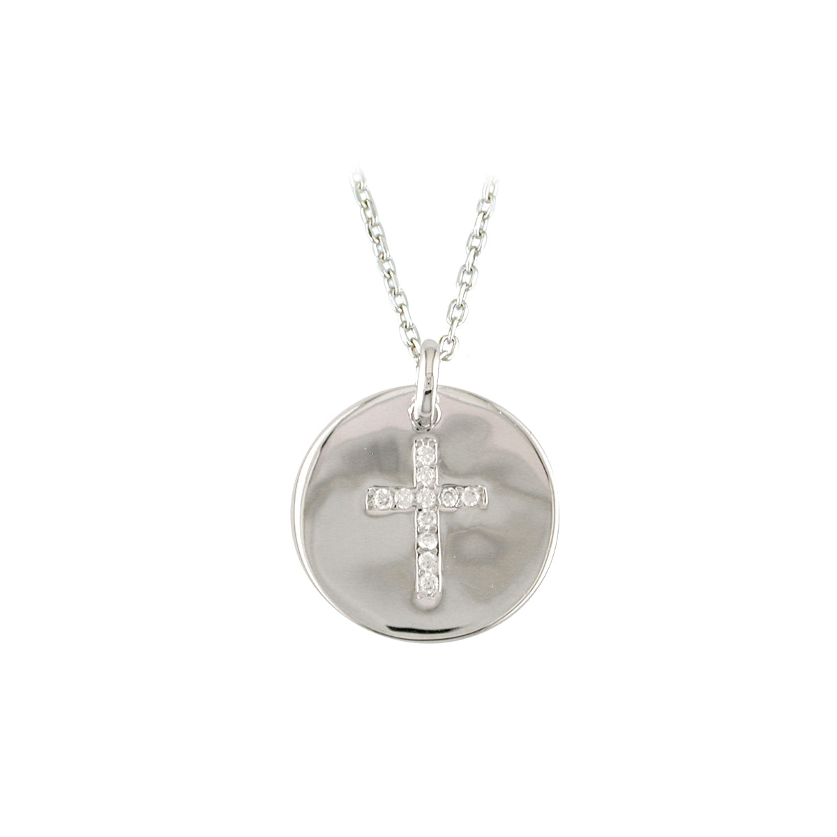 Sterling Silver Disc with CZ Cross Engraving Necklace