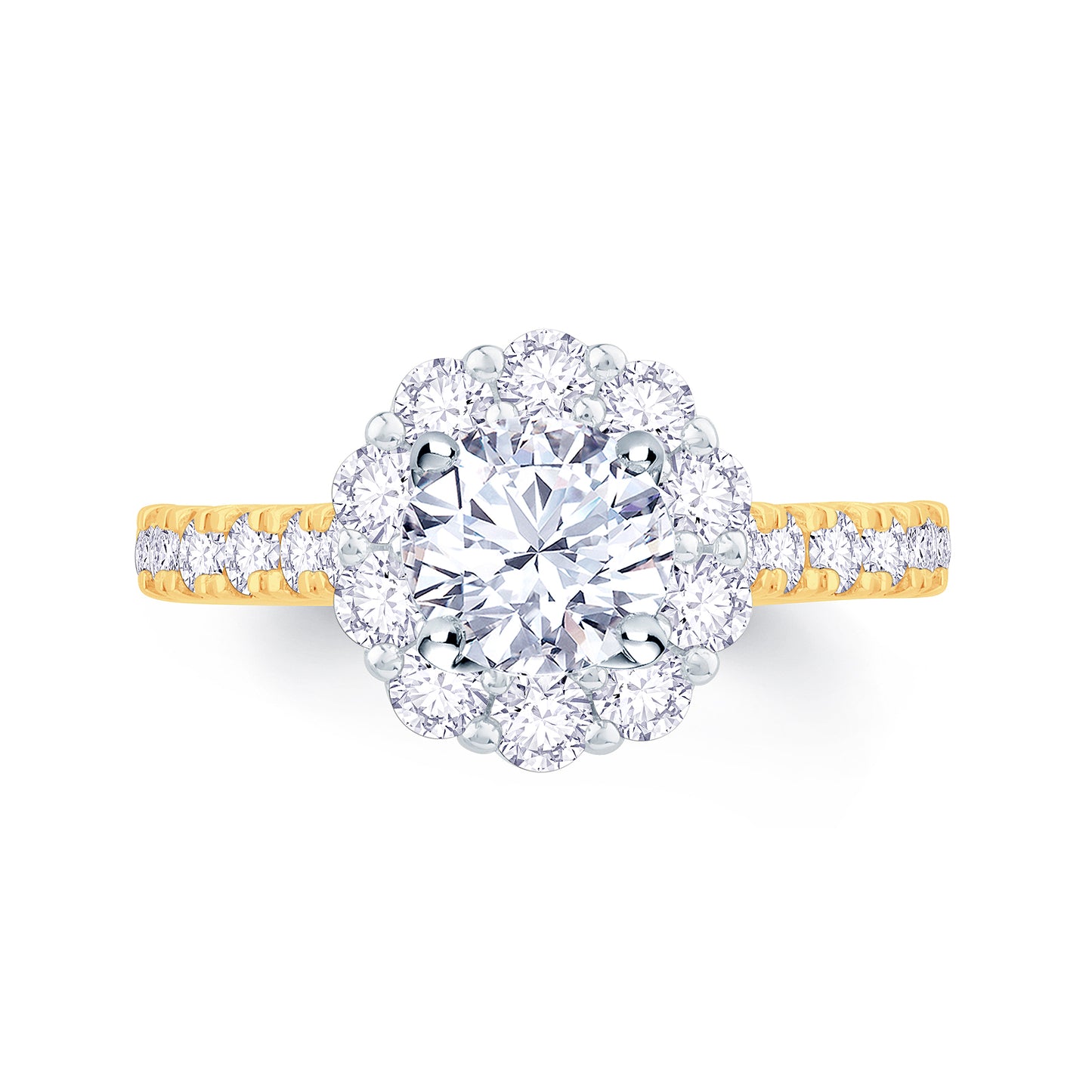 18ct Yellow Gold Brilliant Round & Halo, Shoulder Set Diamond Ring, 1.40ct