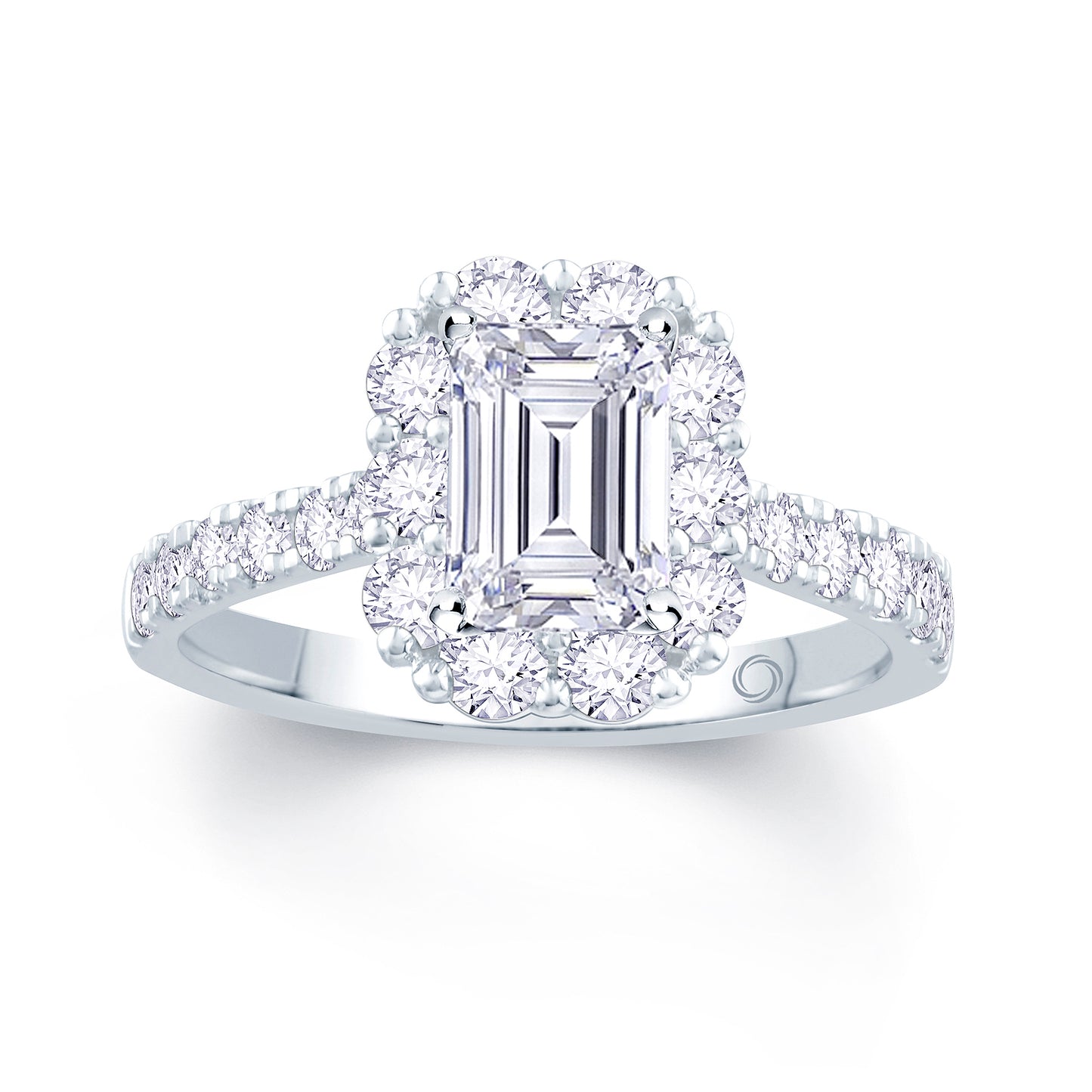 Platinum Emerald, Halo & Shoulder Set Diamond Ring 1.15ct