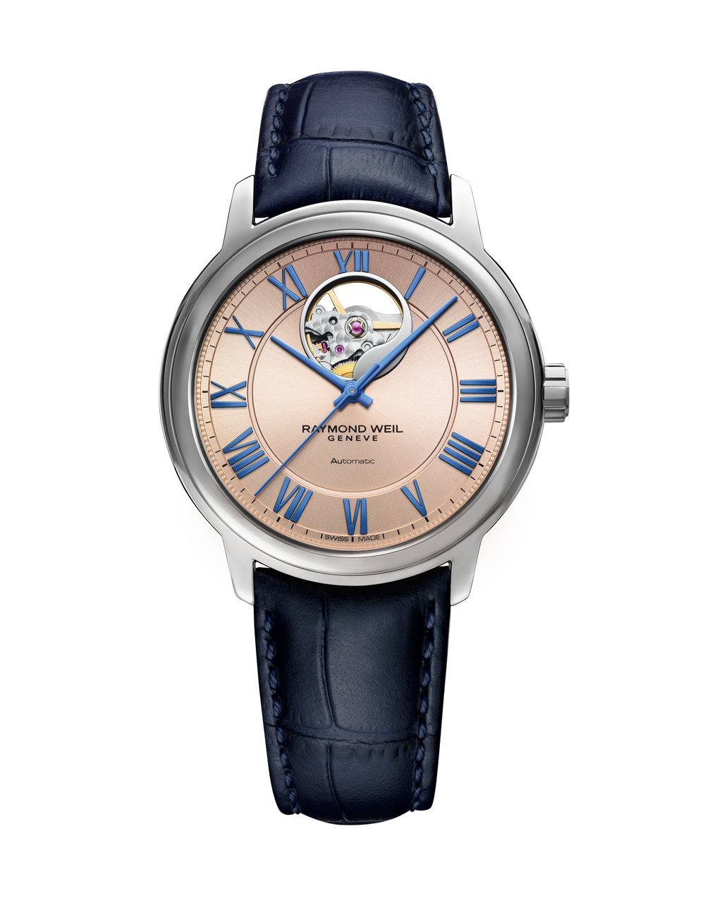 A Picture of Raymond Weil 40mm Maestro Open Heart Auto Leather Watch