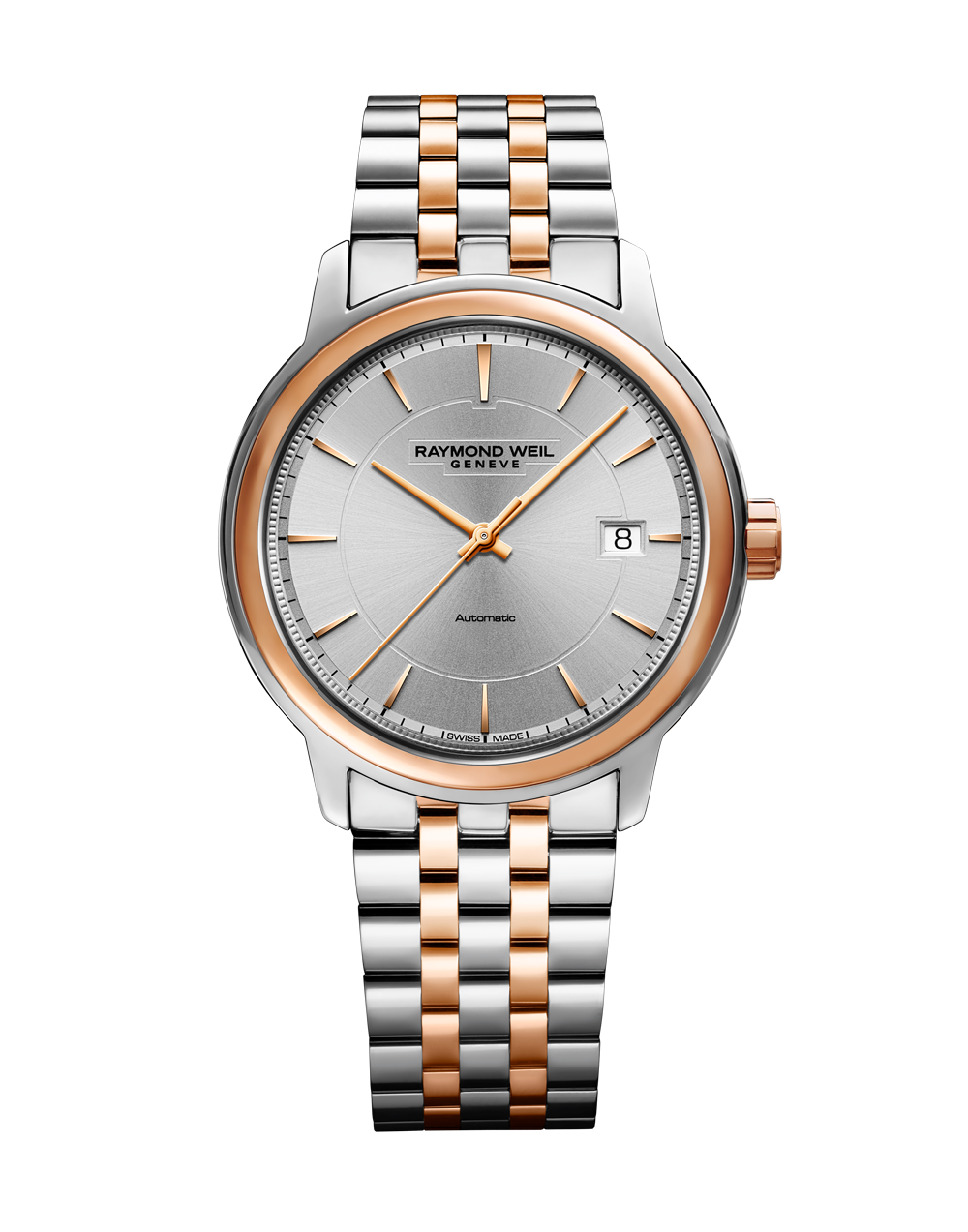 A Picture of Raymond Weil 40mm Maestro Auto Rose & Silver Metal Link Watch