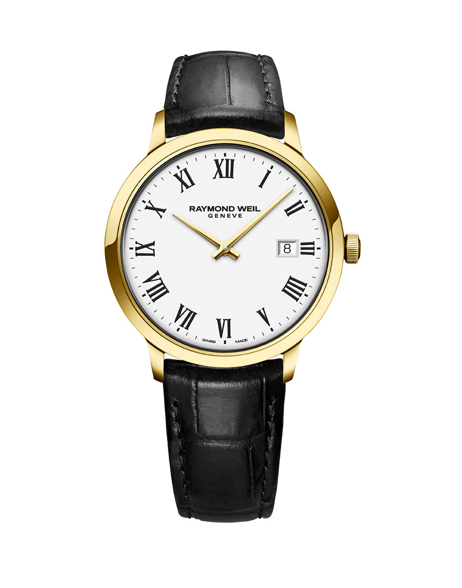 A Picture of Raymond Weil 39mm Toccata Yellow Toned Black Date Dial Leather Watch